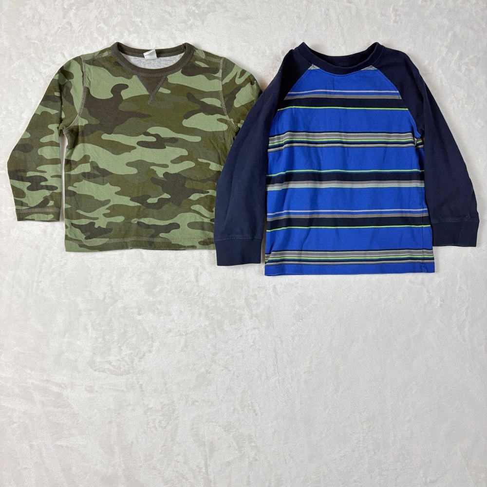 Gap Gymboree Long Sleeve Shirts Kid 4T Blue Green Camo Striped Excellent 2pc Lot